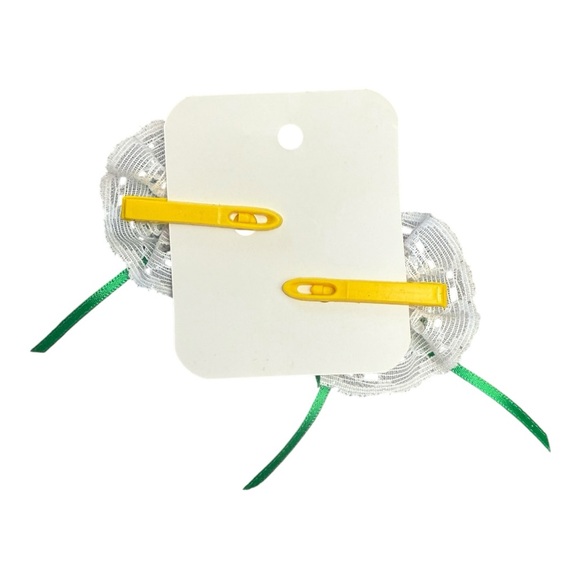 Vintage 80s Lace Hair Barrettes – Green & White Rosettes w/ Bows (NOS) - Picture 3 of 3